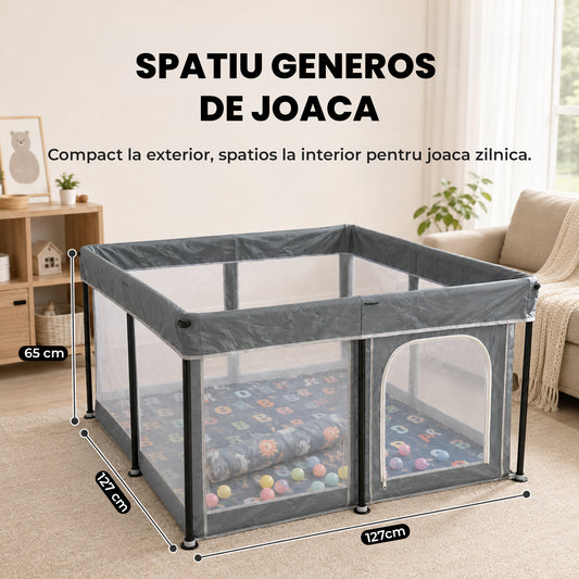 Tarc de Joaca pentru Bebelusi si Copii Elindor® cu Husa Groasa din Spuma, Spatiul Sigur de Joaca, Plasa de Protectie, Include Usa cu Fermoar, Materiale Eco-Friendly și Non-Toxice, Varsta 0-5 ani, 127 x 127 x 65 cm, Gri