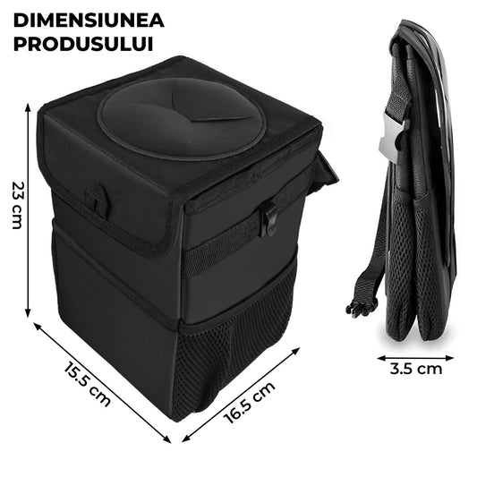 Cos Gunoi Auto Elindor®, Cos Suspendat pentru Masina cu Capac si Buzunare Laterale, Organizator Auto Impermeabil cu Structura Rigida si Curea Reglabila, Material Textil Oxford Rezistent, 23 × 16.5 × 15.5 cm, Negru
