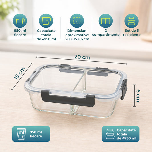 Set 5 Caserole Elindor® din Sticla, 2 Compartimente, Recipiente Ingrediente pentru Bucatarie, Ideale pentru Meal Prep sau pentru Alimente Uscate, Recipient pentru Depozitare, Capac Etans, Potrivit pentru Congelator, 950 ml