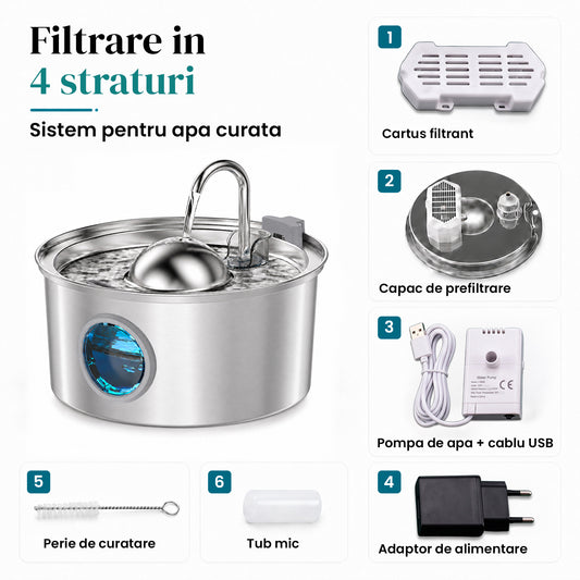 Fantana Apa Pisici si Caini Elindor®, Dispenser Automat cu Capac pentru Animale, Silentios 30dB, Adapator cu Dubla Circulatie, Sistem de Purificare si Filtrare Multiplu, Adaptor Priza, Filtru si Pompa Incluse, Inox 304, 2.6L, 23 x 23 x 11.9 cm, Argintiu