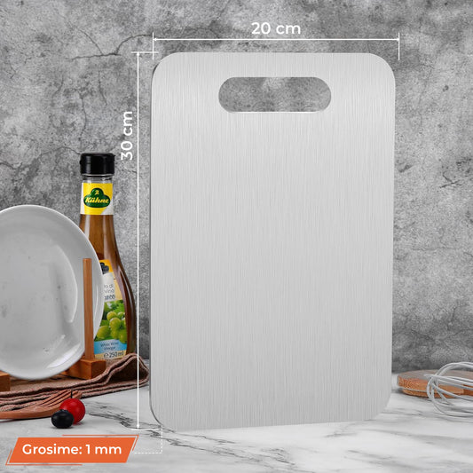 Tocator Elindor® din Otel Inoxidabil 201, cu Maner, Design Subtire si Usor de Depozitat, Ideal pentru Taierea si Servirea Legumelor, Fructelor, Branzeturilor sau Carnii, 30 × 20 × 0.1 cm, Argintiu
