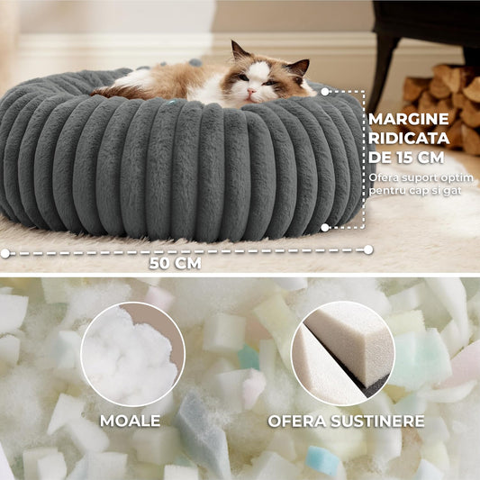 Pat Confortabil pentru Pisici si Caini Elindor® Rotund Tip Doughnut, Culcus Moale Antiderapant, Potrivit pentru Caine si Pisica de Talie Mica si Medie, Ideal in Orice Anotimp, in Casa, 50 × 50 × 15 cm, Gri Inchis
