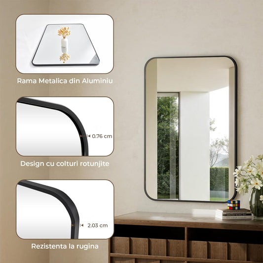 Oglinda Decorativa Elindor® 100x75cm Rama Neagra Agatare pe Perete sau Sprijinita, Dreptunghiulara, Colturi Rotunjite, Moderna si Eleganta, Reflexie HD, Sticla fara Distorsiuni, Ideala pentru Dormitor, Living, Birou, Dressing, Hol, Baie,