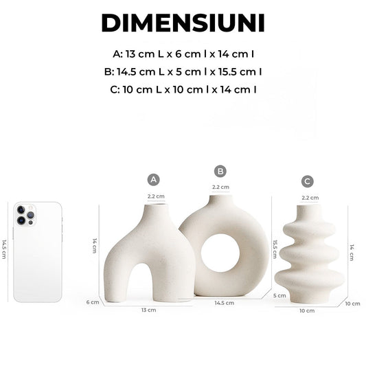 Set 3 Vaze Ceramica Elindor® cu Forme Abstracte, Decor Contemporan, Dimensiuni Diferite, Alb