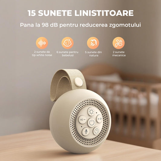 Dispozitiv Sunete Albe, 16 Sunete HD, Portabil, Reincarcabil, Inregistrare Vocala, Lumina de Veghe si Timer, 8 Niveluri Intensitate Volum, Dispozitiv Somn pentru Bebelusi si Adulti, 7.5 × 7.5 × 4 cm, Bej
