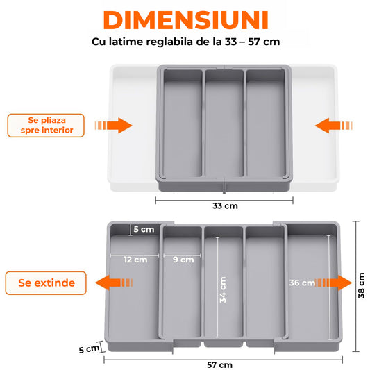 Organizator Elindor® pentru Tacamuri si Ustensile de Bucatarie, 5 Compartimente, Sertar Extensibil, Suport Ajustabil pentru Cutite, Linguri, Furculite, Accesorii Bucatarie, Separator Sertar, 57 × 38 × 5 cm, Gri