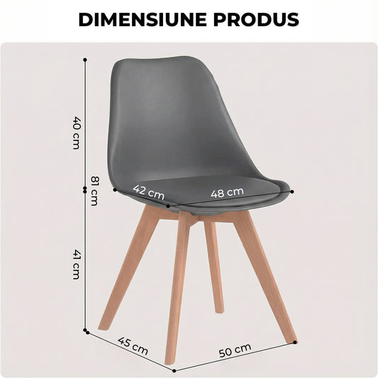 Set 4 Scaune Bucatarie Gri Elindor® din Piele Ecologica, Picioare din Lemn, Scaun Confortabil, Perna Sezut, Elegant, pentru Bucatarie, Dormitor, Living, 50 x 45 x 81 cm