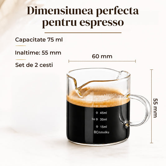 Set 2 Cesti Espresso Elindor® 75 ml, Sticla Borosilicata Termorezistenta, Pereti Dubli, Duze Duble pentru Turnare, Rezistente la Congelator, Masina de Spalat si Cuptorul cu Microunde, Transparent