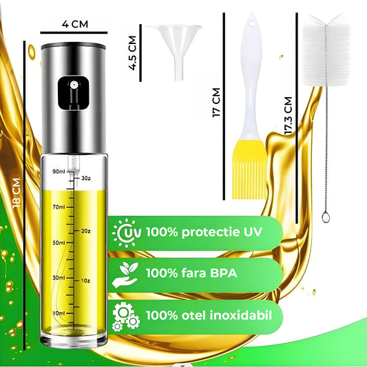 Pulverizator Ulei Elindor®, Oliviera 100ml, Sticla Dozatoare Multifunctionala, Control Precis, pentru Gatit, Friteuza cu Aer, Salate Material Sticla si PVC, Argintiu