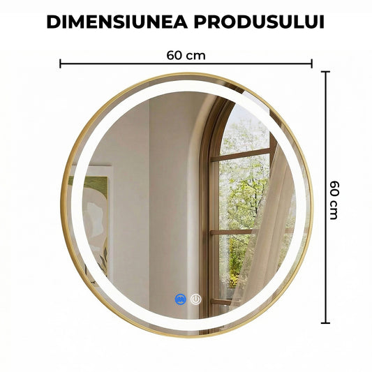 Oglinda de Perete Elindor® Rotunda, Antiaburire, cu Rama Aurie, Ideala pentru Baie, Iluminare Led, 3 Culori Lumina, Dimabila, Buton ON/OFF Luminat si Noaptea, Rezistenta la Umiditate IP44, 60 x 60 cm