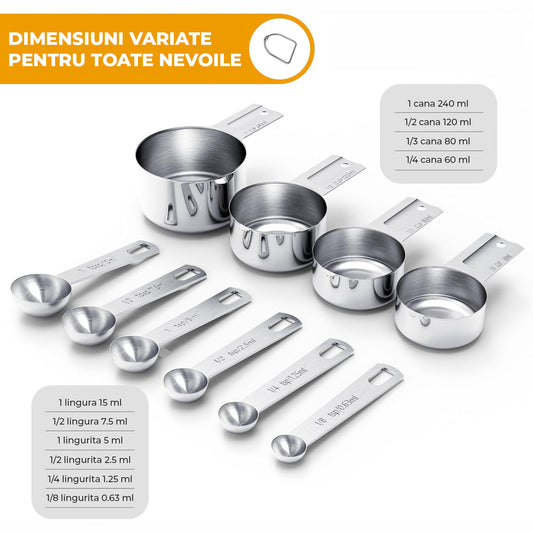 Set de 10 Ustensile Elindor® pentru Bucatarie la Masurare Alimente si Condimente, cu 6 Linguri si 4 Cupe Masura, din Otel Inoxidabil 430, Gramaj Gravat, Argintiu