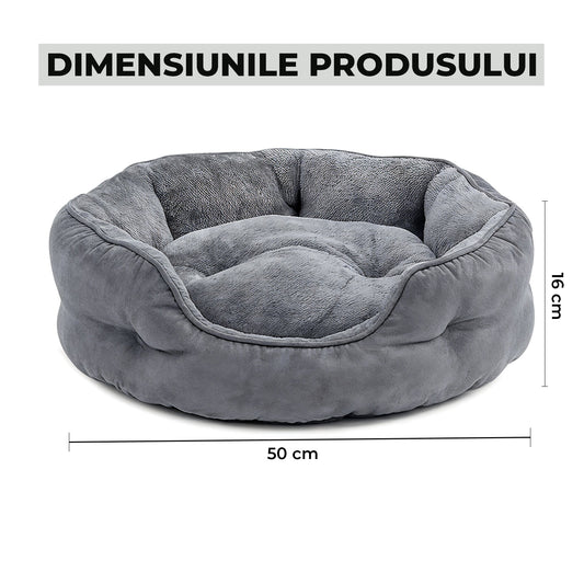 Pat Confortabil pentru Caini si Pisici Elindor® Rotund, Culcus Moale Antiderapant, Potrivit pentru Caine si Pisica de Talie Mica si Medie, Ideal in Orice Anotimp, in Casa, Marimea S, 50x50x16 cm, Gri