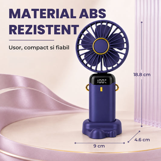 Ventilator Portabil Elindor® Mini Fan Turbo de Mana si Birou, 5 Trepte de Viteza, Acumulator Reincarcabil de 800 mAh cu USB, Pliabil 90°, Ecran LED, Maner Ergonomic, Ultra Usor, pentru Calatorii, Vara, 18.8 x 9 x 4.6 cm, Mov