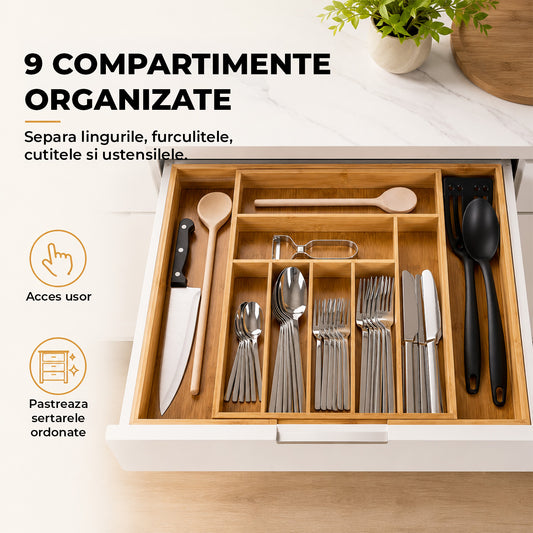 Organizator Extensibil Elindor® din Bambus, pentru Depozitare Tacamuri si Ustensile de Bucatarie, Furculite, Linguri, Cutite, 7-9 Compartimente, Sertar 50 x 44.5 x 5 cm, Suport Ajustabil, Separator Sertare Spatios, Accesorii Organizare, Bej