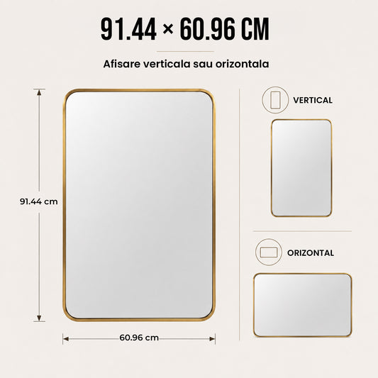 Oglinda de Perete Hol Elindor® sau Sprijinita, Aurie Inchis, Decorativa, Dreptunghiulara, Colturi Rotunjite, Moderna si Eleganta, Reflexie HD, Sticla fara Distorsiuni, Ideala pentru Dormitor, Living, Birou, Dressing, Rama din Aluminiu, 55 x 75 cm