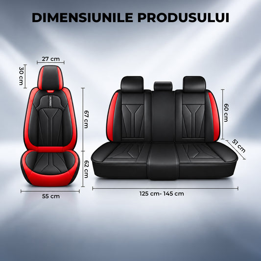 Set 5 Huse Scaune de Masina Elindor®, Huse Auto Piele, Impermeabile, Universale, Protectie Scaun Fata si Spate, Montaj Rapid, Accesorii Masina Interior, Negru / Rosu