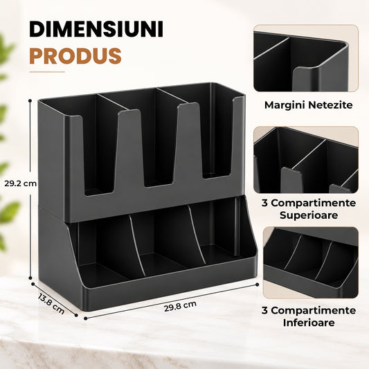 Organizator Multifunctional Elindor® pentru Bucatarie, Cafea si Birou, 6 Compartimente, Suport pentru Pahare, Capace, Pliculete si Accesorii, Design Compact, Ideal pentru Cafenele, Localuri, Acasa, ABS, 29.8 x 13.8 x 29.2 cm, Negru