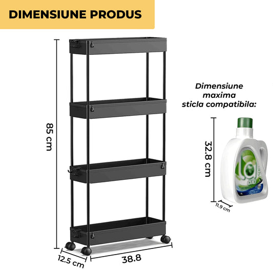 Carucior Organizator 4 Niveluri Elindor® Modular, cu Roti 360°, Organizator Bucatarie, Multifunctional, Raft Mobil Organizare Baie, Camara, Birou, Bar, 85 × 12.5 × 38.8 cm, Negru