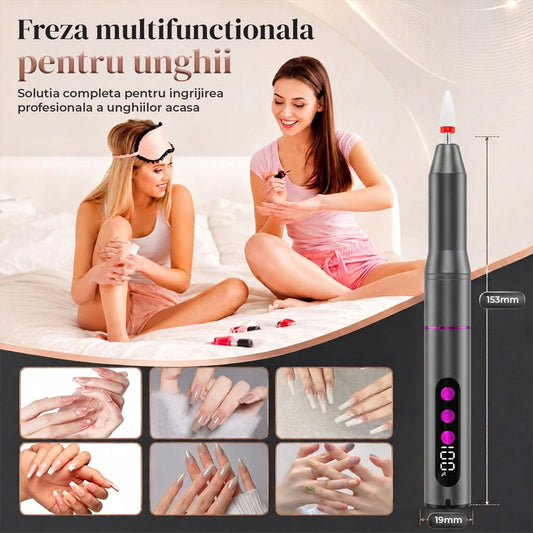 Freza Portabila Unghii Elindor® 35000 RPM, Pila Electrica Profesionala, Manichiura si Pedichiura, fara Fir, Afisaj LED, Ecran LCD, Accesorii Incluse, 5 Trepte de Viteza, 12 Capete de Frezare, Slefuire Cuticule, Acumulator 550 mAh, Gri