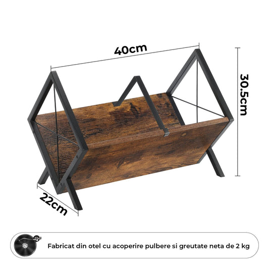 Suport Viniluri Elindor®, Organizator Discuri Vinyl 80-100 LP, Raft Metal si Lemn Stil Retro pentru Discuri, Reviste si Carti, 40 × 22 × 30.5 cm, Maro Rustic