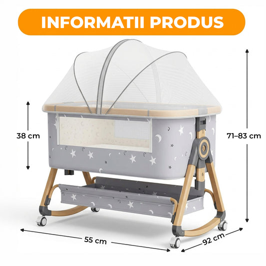 Patut Pliabil Bebelusi Elindo® 3 in 1, Copii 0-6 luni, Leagan Bebe pe 6 Nivele de Inaltime, Cos Depozitare, Portabil, Plasa Laterala, Roti cu Sistem Blocare, Saltea Integrata, Greutate Maxima 9-12 kg, Model cu Stele, Gri
