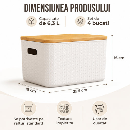Set 4 Cutii Depozitare Elindor® cu Capac, Organizator pentru Bucatarie si Baie, Organizatoare Dulap si Sertare, Cutie pentru Sertar, Frigider, Camara, Baie, Bar, Birou, Cos Multifunctional, Separator Fructe, Legume, Creme, Parfumuri, Plastic fara BPA, Alb