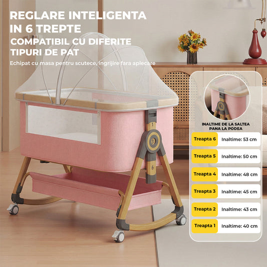 Patut Pliabil Bebelusi Elindor® 4 in 1, Copii 0-12 luni, Leagan Bebe pe 2 Etaje, Cos Depozitare, 6 Trepte de Inaltime Reglabila, Portabil, Plasa Laterala, Roti cu Sistem Blocare, Saltea Integrata, Greutate Maxima 10 kg, Roz