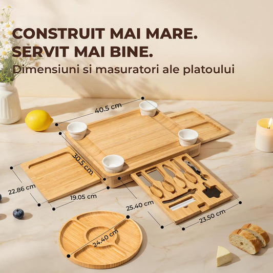 Platou pentru Servire Branzeturi si Aperitive Elindor® din Bambus, Tava Rotunda, Cutite Branzeturi, Boluri Ceramice, Platou de Bucatarie, 40.5 × 30.5 × 5 cm, Bej