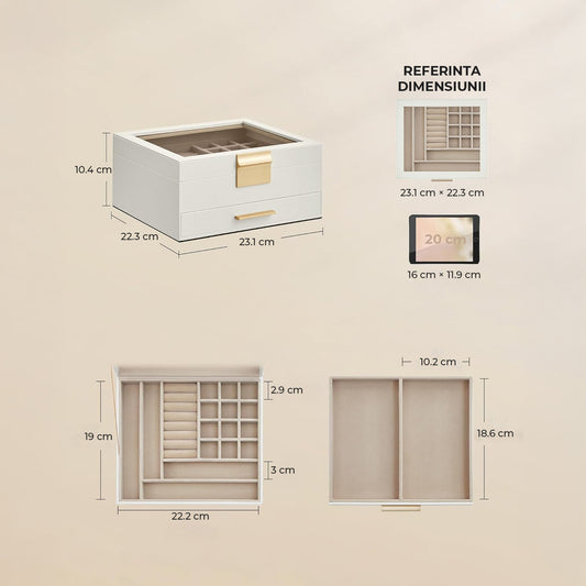 Cutie de Bijuterii Elindor® cu Capac, Organizator 2 Niveluri, 1x Sertar, Spatiu de Depozitare Inel, Verighete, Lantisoare, Bratari, Cercei, Caseta din Material Catifelat, Design Rafinat, Simplu si Elegant, Piele Ecologica, 22.3 x 23.1 x 10.4 cm, Alb/Auriu
