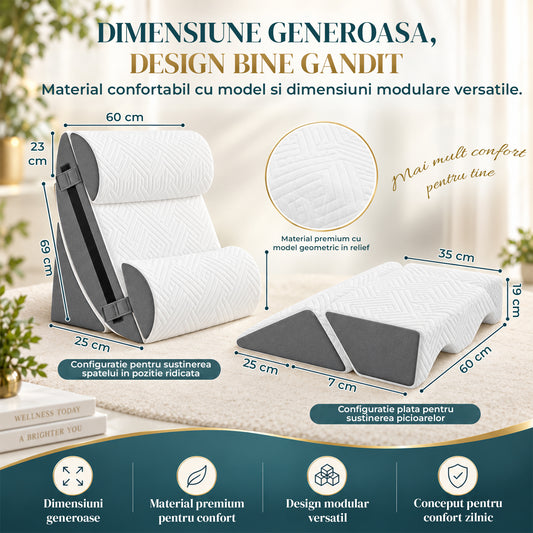 Set 6 Perne Ortopedice Elindor® Wedge pentru Pat, Perna Spuma cu Memorie, Hipoalergenica, Suport Spate, Picioare, Genunchi, Post-Operator, Anti-Reflux, Antisforait, Antirid, Pliabile, Huse Bumbac Aspect Catifea, Reglabile 60 cm, Alb/Gri
