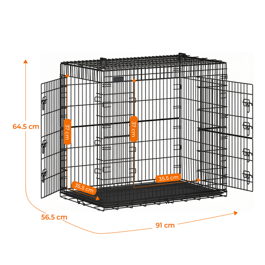 Cusca pentru Animale Elindor® Pliabila, Potrivita pentru Caini de Talie Medie si Mare de 19 Kg, Utilizare in Interior si Exterior sau Calatorii, cu 2 Usi, Baza din Plastic Detasabila, 2 Manere pentru Transport, Marime XL, 91×56.5×64.5 cm,