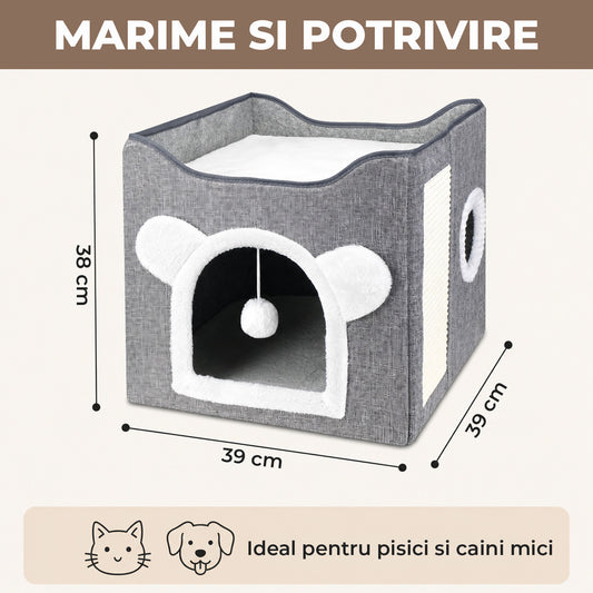 Pat pentru Pisici si Caini Elindor®, Culcus Tip Casuta, pe 2 Nivele, Pliabila, cu O Intrare, Zona de Ascutit Gheare, Minge de Joaca Atasata, Ascunzatoare pentru Odihna si Joaca, 39 x 39 x 38 cm, Gri