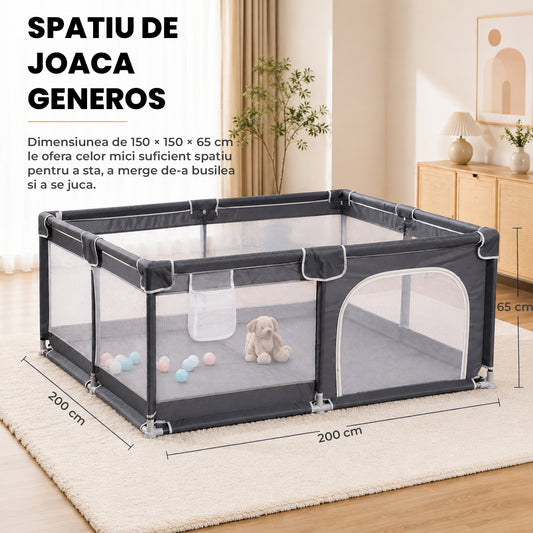 Tarc de Joaca pentru Bebelusi si Copii Elindor® cu Husa Groasa din Spuma, Spatiul Sigur de Joaca, Plasa de Protectie, Include Usa cu Fermoar, Materiale Eco-Friendly și Non-Toxice, Varsta 0-5 ani, 200 x 200 x 65 cm, Gri Inchis