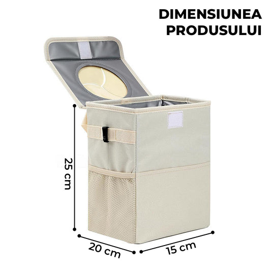 Cos Gunoi Auto Elindor®, Organizator Auto Impermeabil cu Capac si Buzunare Laterale, Cos Pliabil pentru Masina cu Prindere Reglabila, Material Textil Oxford Rezistent, 25 × 20 × 15 cm, Bej