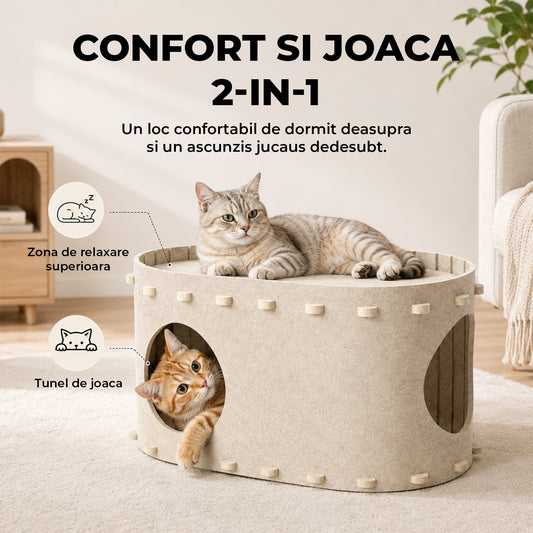 Pat pentru Pisici si Caini Elindor®, Culcus Tip Casuta, pe 2 Nivele, Doua Intrari, Zona de Ascutit Gheare, Ascunzatoare pentru Odihna si Joaca, 58 x 33 x 30 cm, Bej