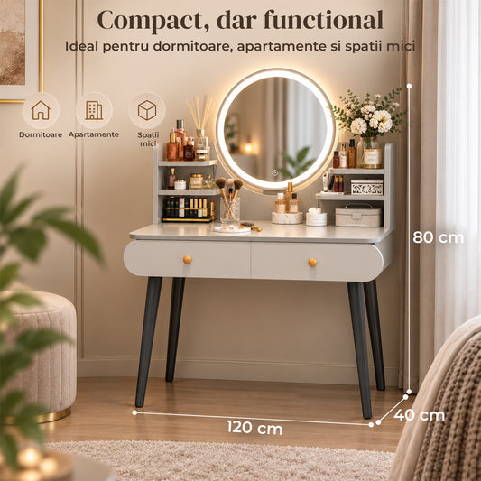 Masa de Toaleta Elindor®, cu Oglinda LED Rotunda, 3 Nuante de Lumina, Luminozitate Reglabila, Control Tactil, 2 Sertare, Rafturi Laterale, 120 x 40 x 80 cm, Gri