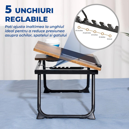Masa Pliabila pentru Laptop Elindor® Antiderapanta, 5 Unghiuri de Inclinare, Birou Portabil Utilizare in Orice Loc, Ideala la Munca sau Mic Dejun la Pat, 55.5 × 32 × 24 cm, Maro