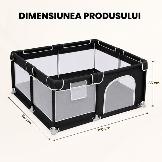 Tarc de Joaca pentru Bebelusi si Copii Elindor® cu Husa Groasa din Spuma, Spatiul Sigur de Joaca, Plasa de Protectie, Include Usa cu Fermoar, Materiale Eco-Friendly și Non-Toxice, Varsta 0-5 ani, 150 x 150 x 65 cm, Negru
