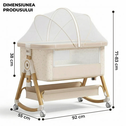 Patut Pliabil Bebelusi Elindor® 4 in 1, Copii 0-12 luni, Leagan Bebe, 6 Trepte de Inaltime Reglabila, Portabil, Plasa Laterala, Roti cu Sistem Blocare, Greutate Maxima 10 kg, Bej