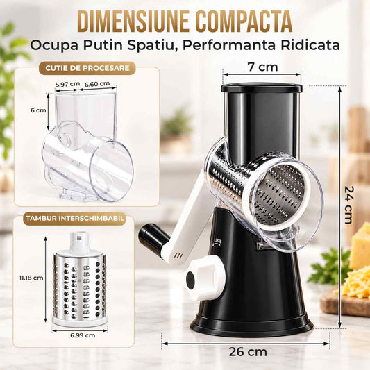Razatoare Rotativa 3 in 1 Elindor® cu Maner, Lame din Otel Inoxidabil, Tocator Legume, Razatoare Branza, Morcovi, Varza, Ustensila de Bucatarie, Design Compact, Multifunctional, Negru