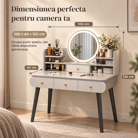 Masa de Toaleta Elindor®, cu Oglinda LED Rotunda, 3 Nuante de Lumina, Luminozitate Reglabila, Control Tactil, 4 Sertare, Rafturi Laterale, 100 x 40 x 120 cm, Gri