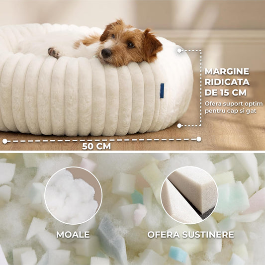 Pat Confortabil pentru Caini si Pisici Elindor® Rotund, Culcus Moale Antiderapant, Potrivit pentru Caine si Pisica de Talie Mica si Medie, Ideal in Orice Anotimp, in Casa, Marimea S, 50x50x15 cm, Alb