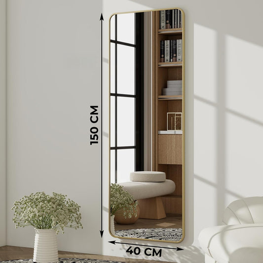 Oglinda de Podea Aurie Elindor® Decorativa, Verticala, Dreptunghiulara, Colturi Rotunjite, Suport Rabatabil, Montaj pe Perete sau Podea, Ideala pentru Dormitor, Living, Birou, Hol Dressing sau Nunta, Perfecta pentru Mireasa, Rama din Aluminiu, 150x40 cm