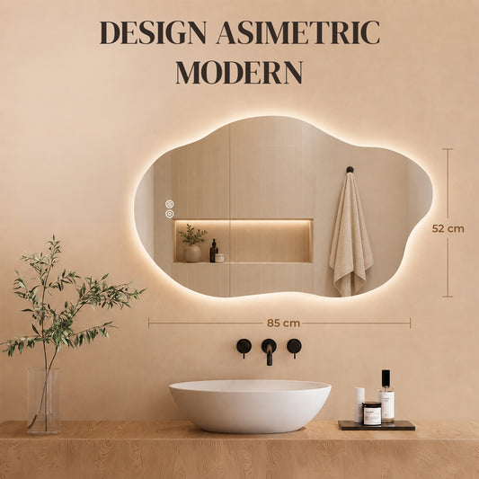 Oglinda de Perete Elindor® Asimetrica, fara Rama, Decorativa, Verticala / Orizontala, Eleganta, Ideala pentru Baie, Birou, Hol, Living, Dressing, Iluminare Led, Intensitate Ajustabila, Antiaburire, 85 x 52 cm