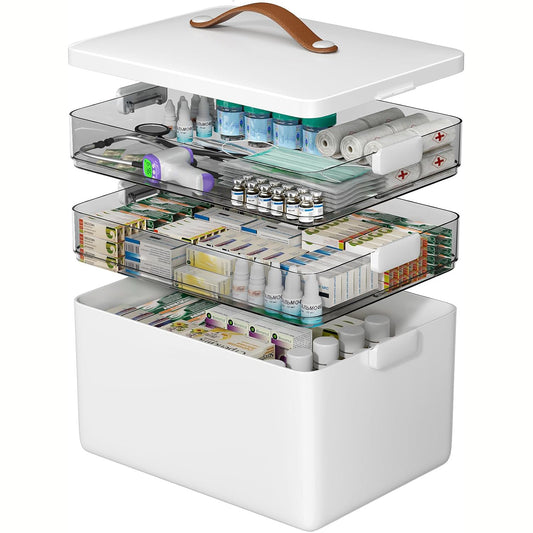 Cutie pentru Medicamente Elindor® cu 3 Compartimente, Cutii Depozitare, cu Capac si Maner Transport, pentru Sertar, Dulap Baie, Dormitor, pentru Pastile, Unguente si Accesorii Medicale25.5 × 22 × 34 cm, Alb