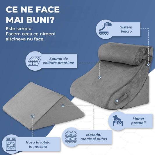 Set 4 Perne Ortopedice Elindor® pentru Pat, Perna Spuma cu Memorie, Hipoalergenica, Suport Spate, Picioare, Genunchi, Post-Operator, Anti-Reflux, Antisforait, Antirid, Pliabile, Hipoalergenic, Reglabile, Gri