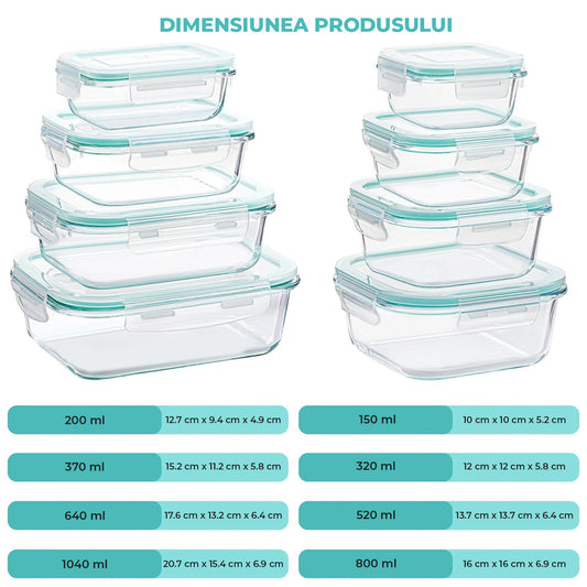 Set de 8 Caserole Elindor® din Sticla, Recipiente Ingrediente pentru Bucatarie, pentru Alimente Uscate, Recipient pentru Depozitare Zahar, Cafea, Paste, Cereale, Capac Etans, Potrivit pentru Congelator Transparent