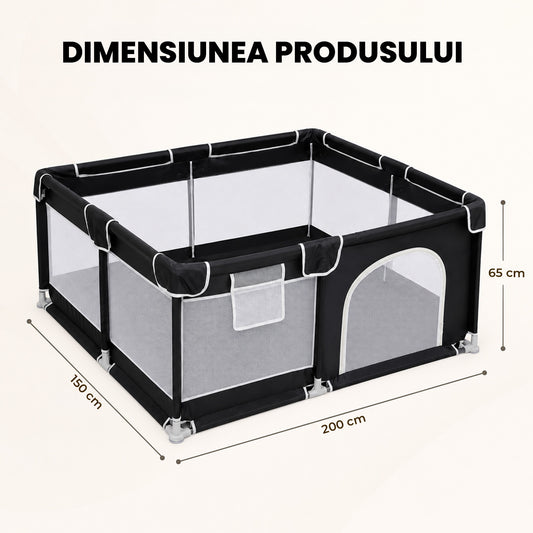 Tarc de Joaca pentru Bebelusi si Copii Elindor® Spatiul Sigur de Joaca, Plasa de Protectie, Include Usa cu Fermoar, Materiale Eco-Friendly și Non-Toxice, Varsta 0-5 ani, 200 x 150 x 65 cm, Negru