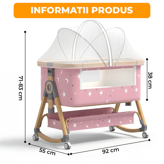 Patut Pliabil Bebelusi Elindo® 3 in 1, Copii 0-6 luni, Leagan Bebe pe 6 Nivele de Inaltime, Cos Depozitare, Portabil, Plasa Laterala, Roti cu Sistem Blocare, Saltea Integrata, Greutate Maxima 9-12 kg, Model cu Stele, Roz