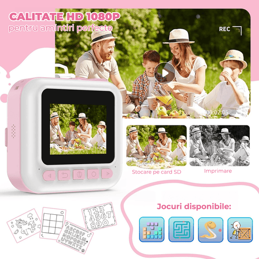 Camera Foto Instant Pentru Copii Elindor®, Ecran 2.4 Inch, 1080P, 16X Zoom, Printare Fara Cerneala, 3 Role Hartie Incluse, 32GB SD, Roz